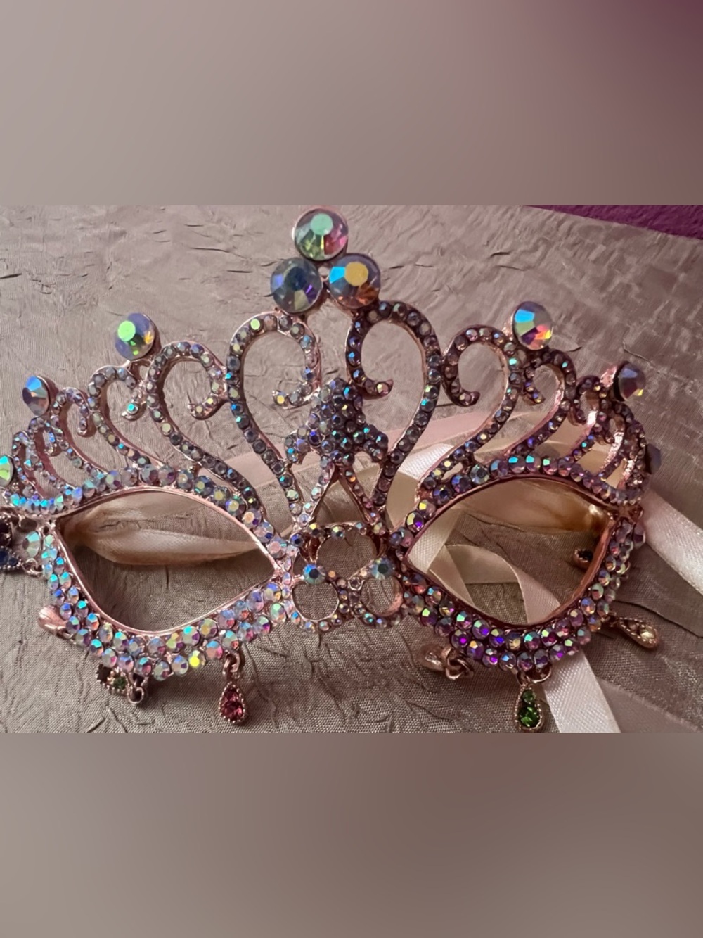 Rose Gold Rhinestone Crown Masquerade Mask Venetian Prom Bridal NWOT